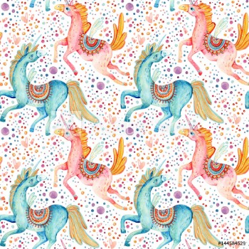Picture of Watercolor pair of flying unicorns seamless pattern on background with bubbles and hearts